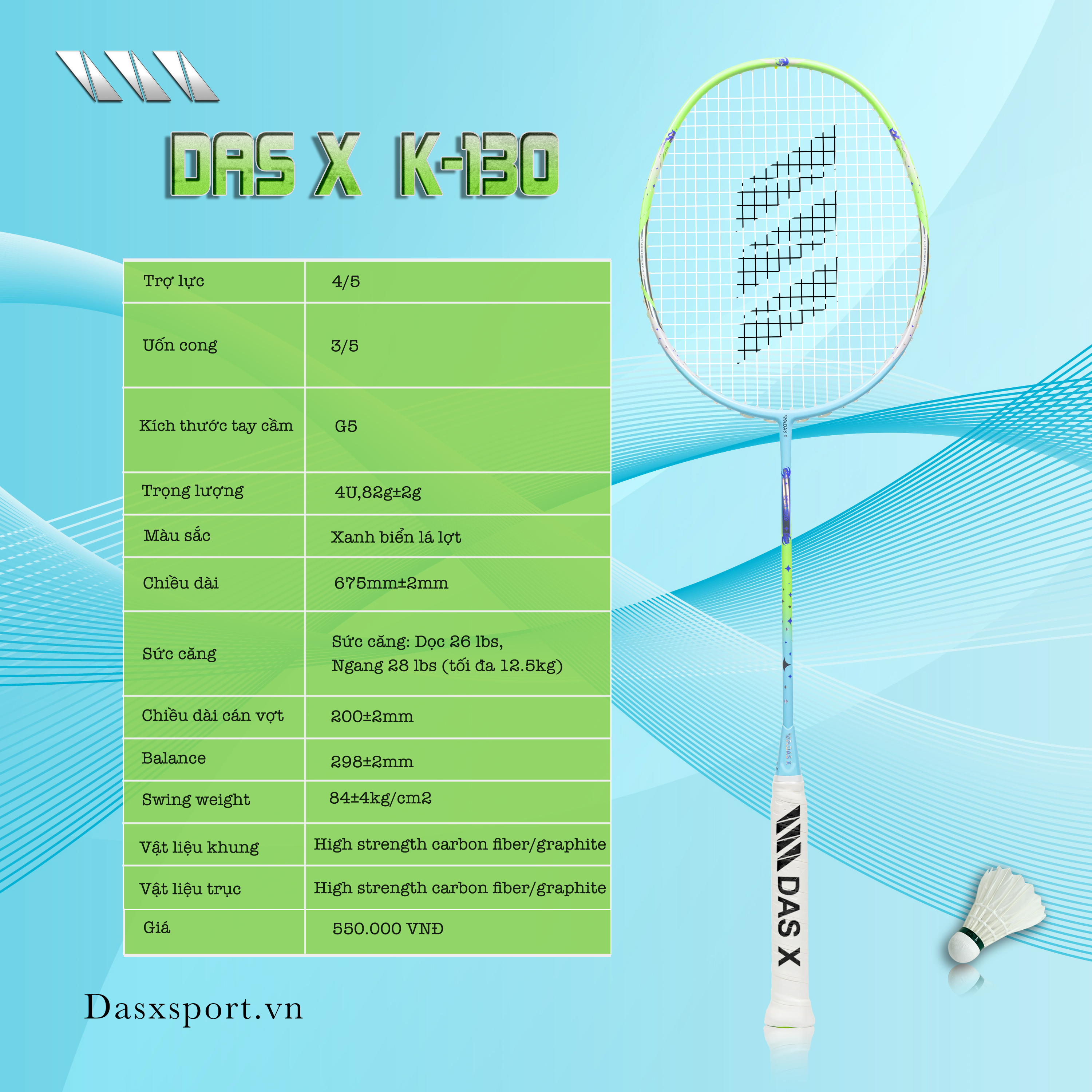Vợt Cầu Lông DAS X K130 - Xanh biển lá lợt