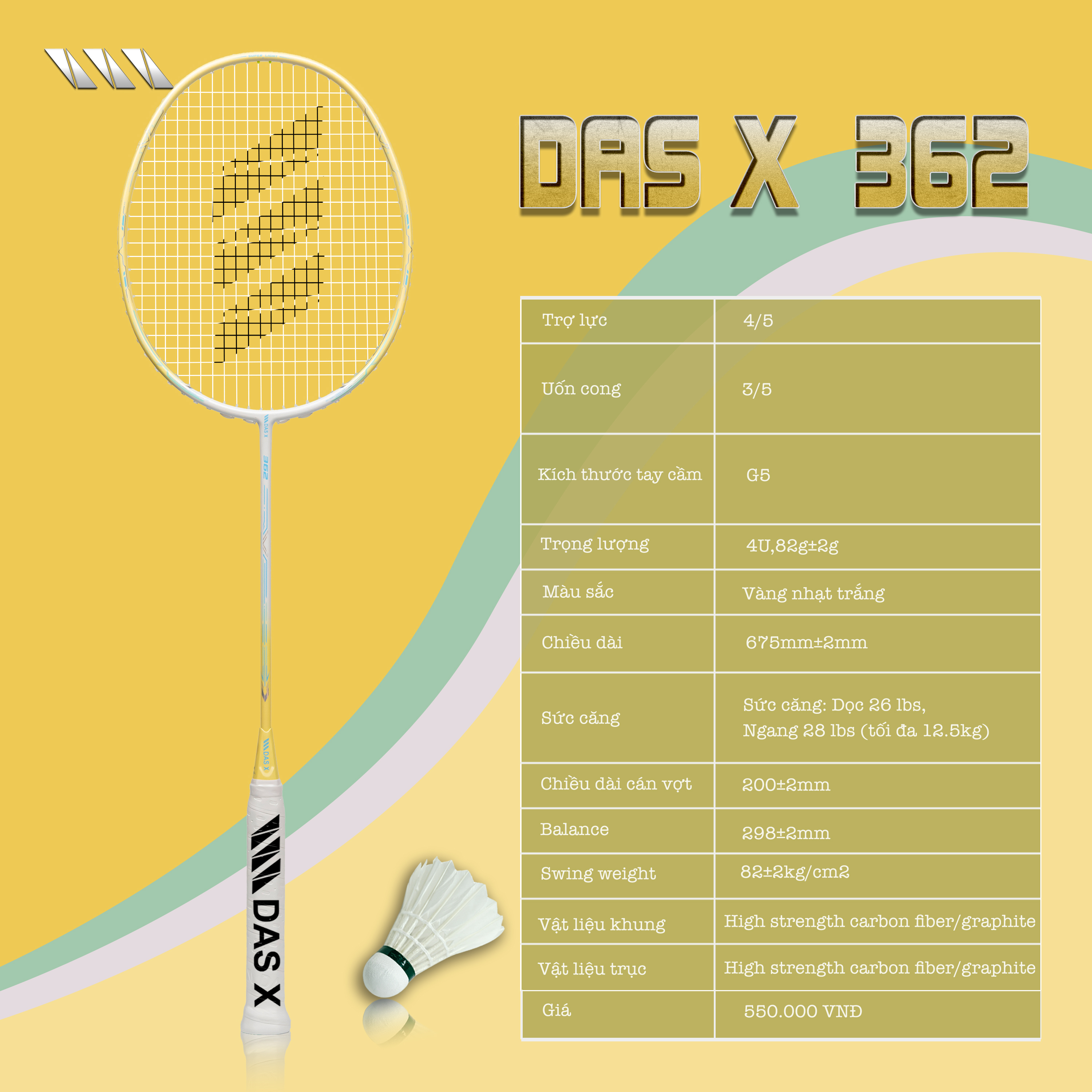 Vợt cầu lông DAS X 362 - Vàng nhạt trắng